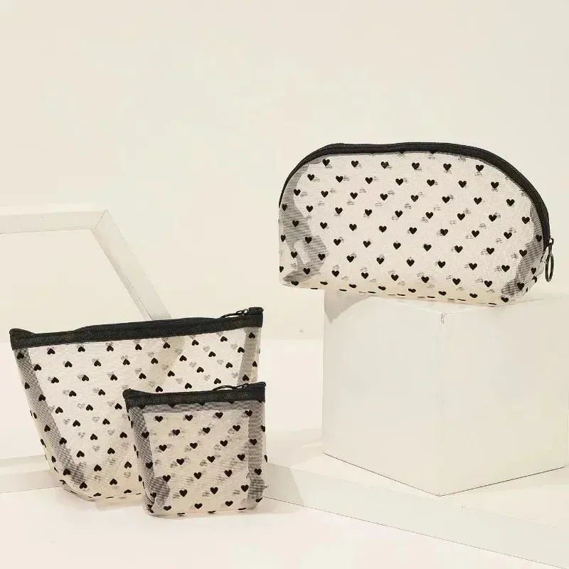Nylon Mesh Cosmetic Bag Zipper Heart Shaped Toiletry Organizer